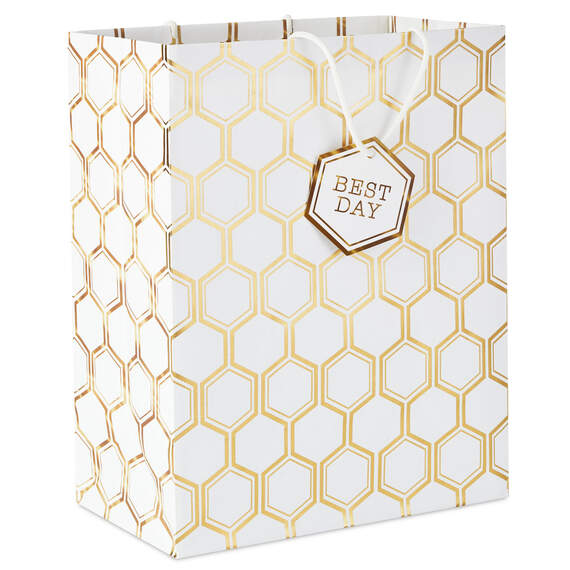 13" Gold Foil Hexagons on White Large Gift Bag