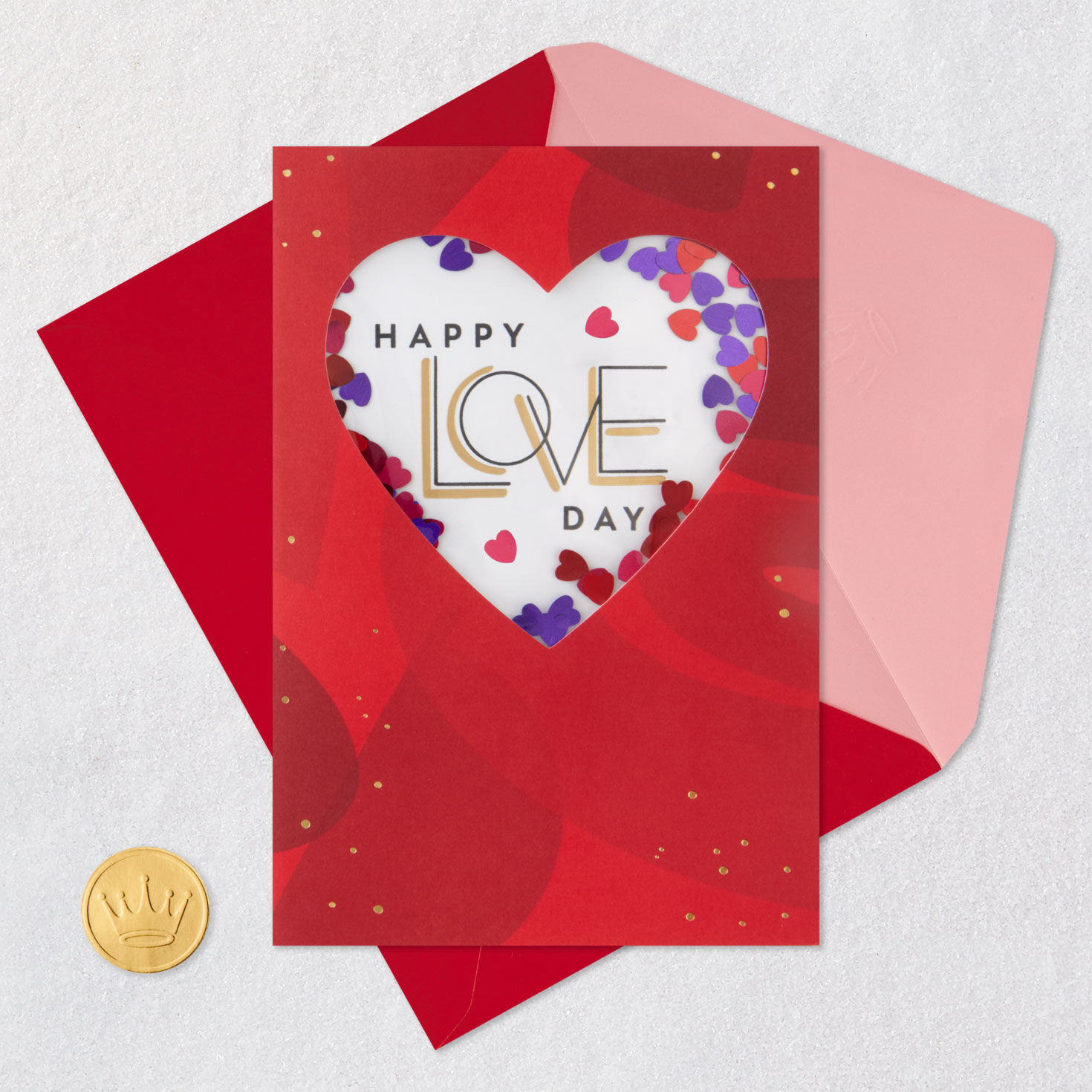 Confetti Heart on Red Valentines Day Card Card Front with Envelope and Gold Seal image number 5