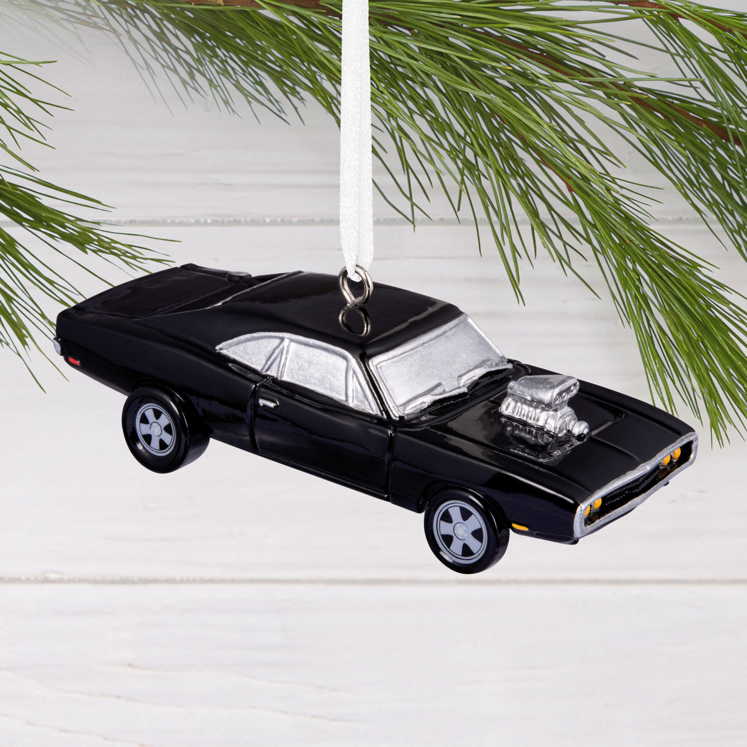 Black Dodge Charger Sports Car Christmas Ornament hanging on tree image number 2