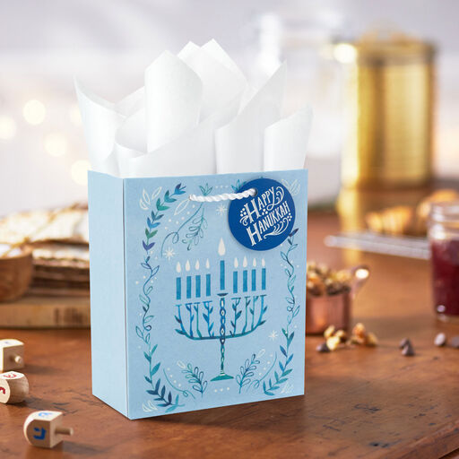 6.5" Tree of Life Menorah on Blue Small Hanukkah Gift Bag, 