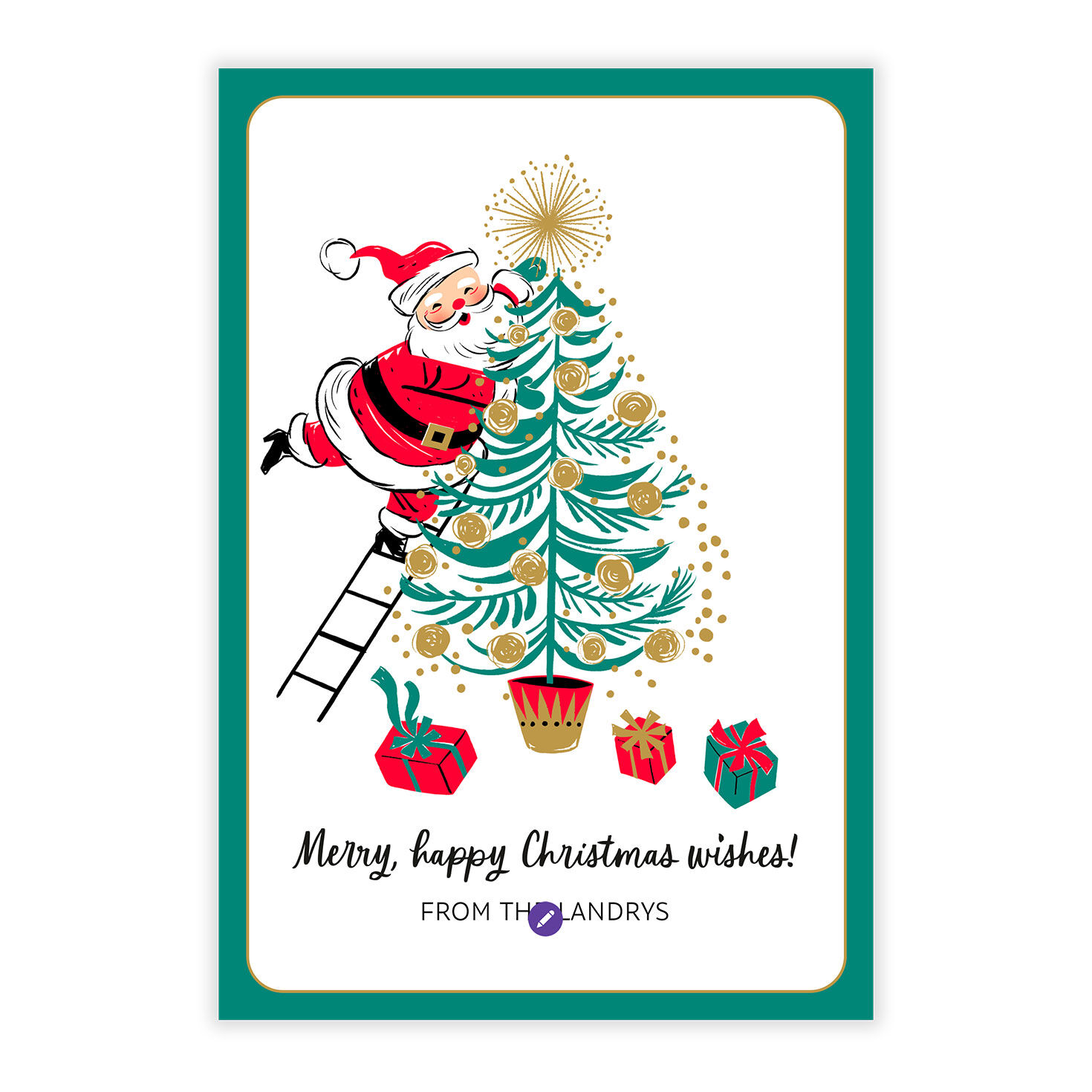 Santa Decorating Tree Personalized Christmas Card Card Front indicating personalization image number 5