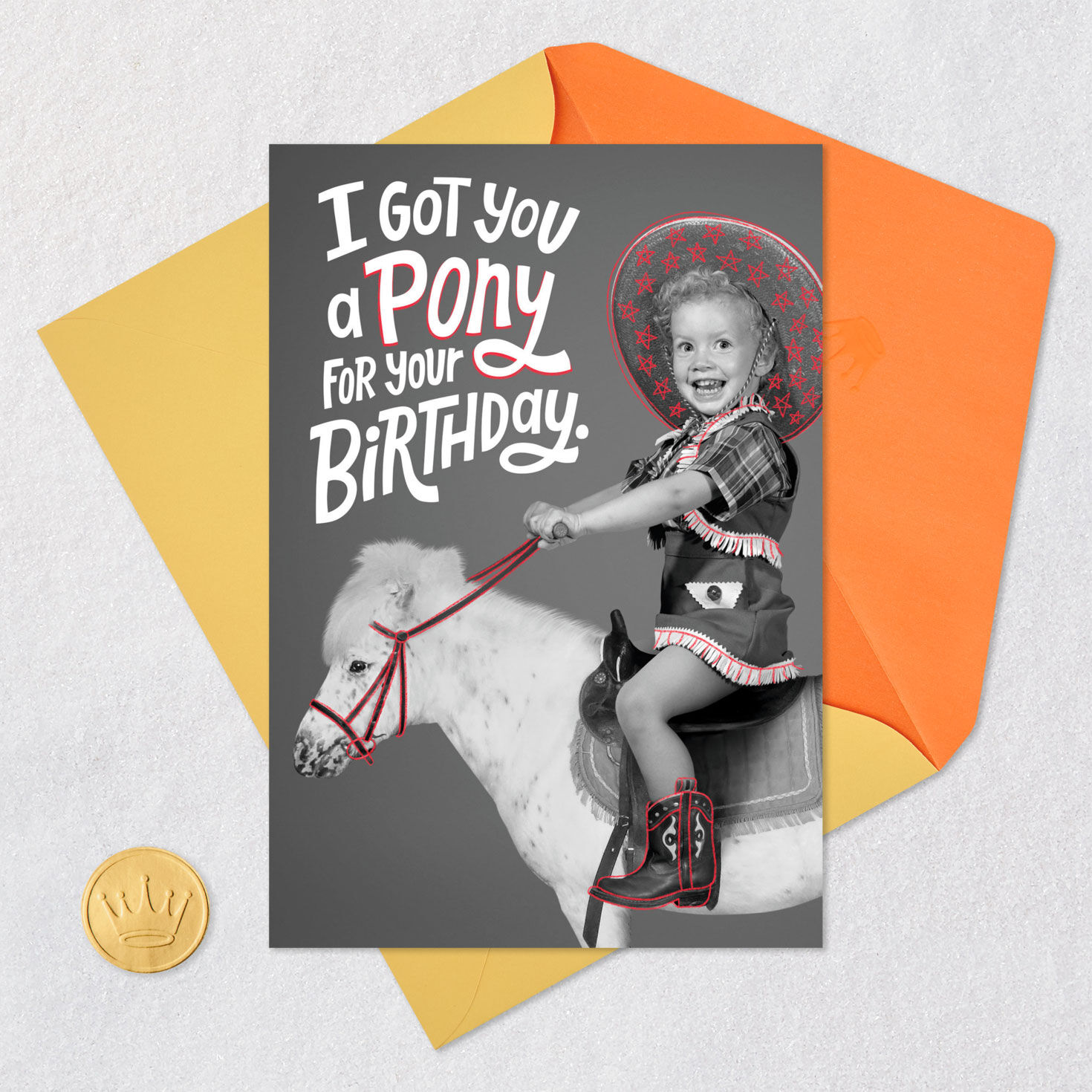 Vintage Kid on Pony Funny Birthday Card Card Front with Envelope and Gold Seal image number 5