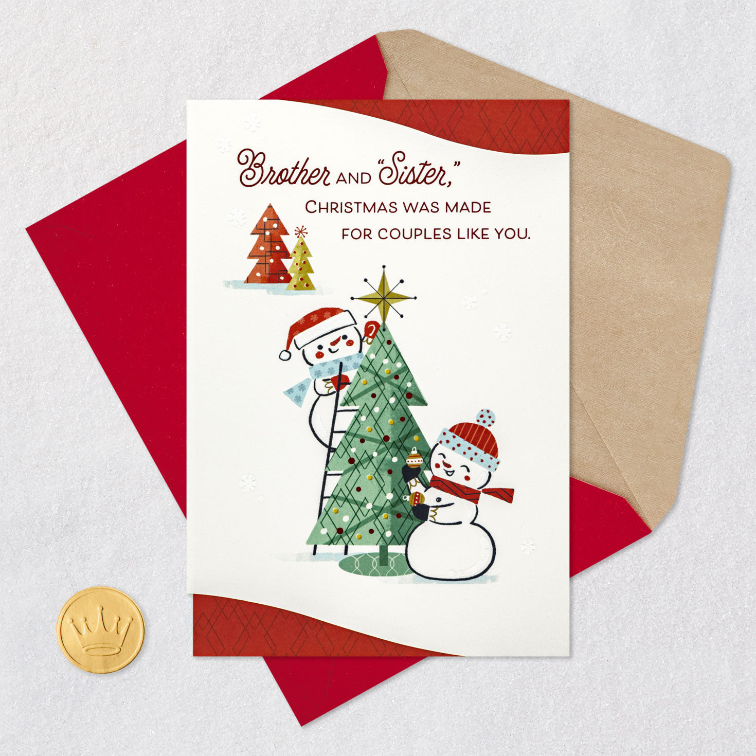 Snowman Couple Christmas Card for Brother and His Wife Card Front with Envelope and Gold Seal image number 6