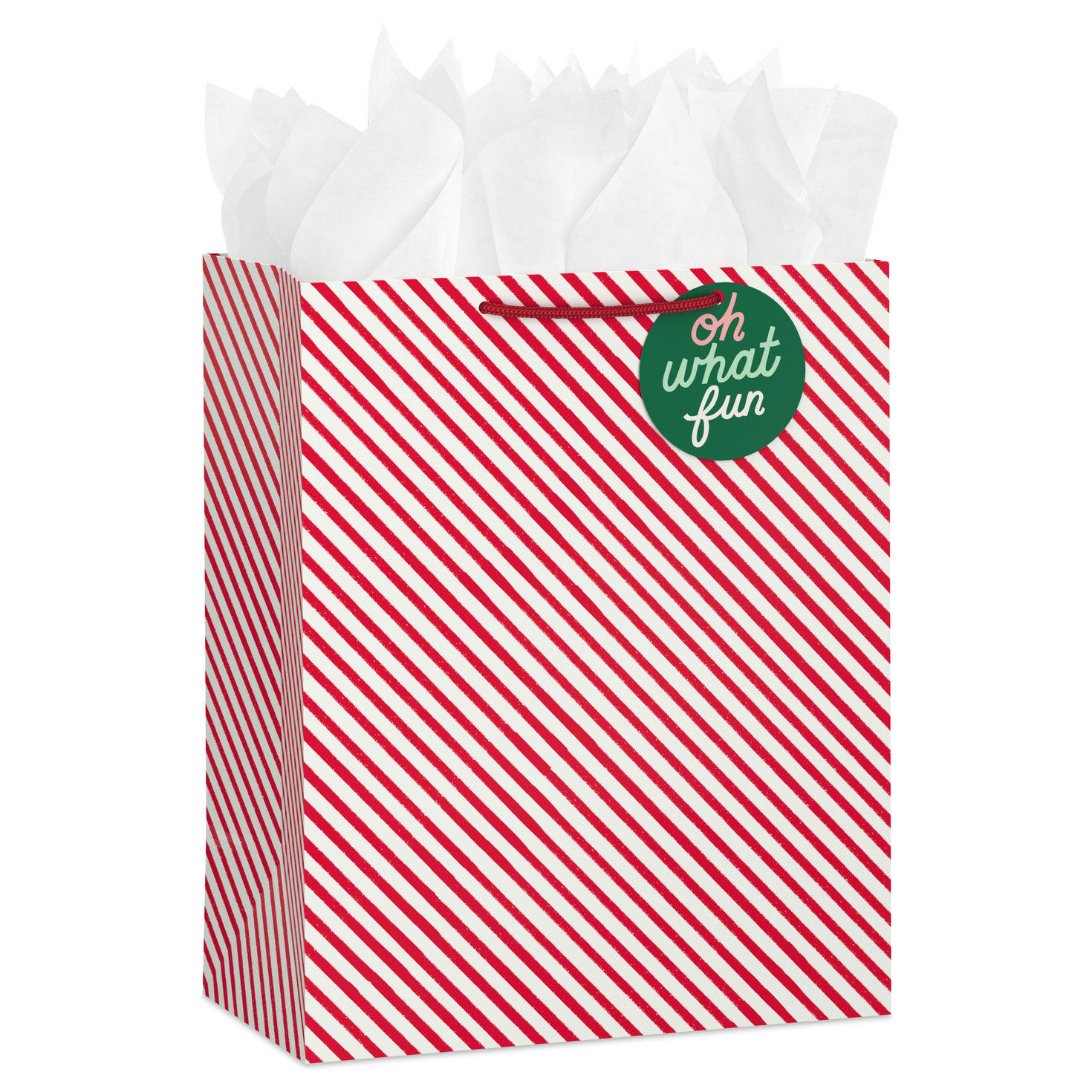 13" Red and White Diagonal Stripes Large Christmas Gift Bag With Tissue Paper