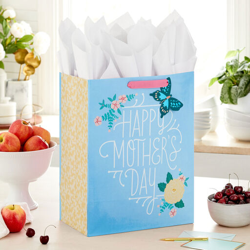 13" Blue Happy Mother's Day Large Gift Bag With Tissue Paper, 