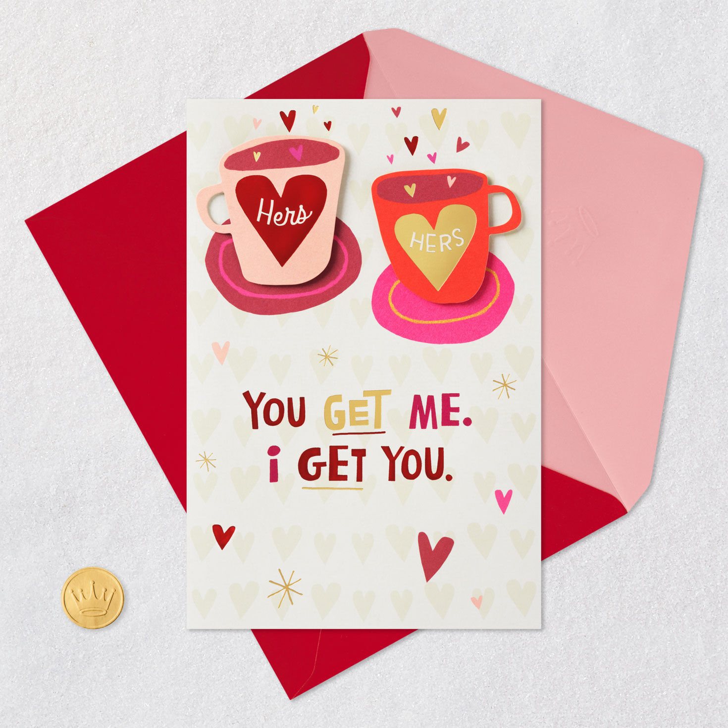 Pink and Red Mugs Hers and Hers Valentine's Day Card Card Front with Envelope and Gold Seal image number 6