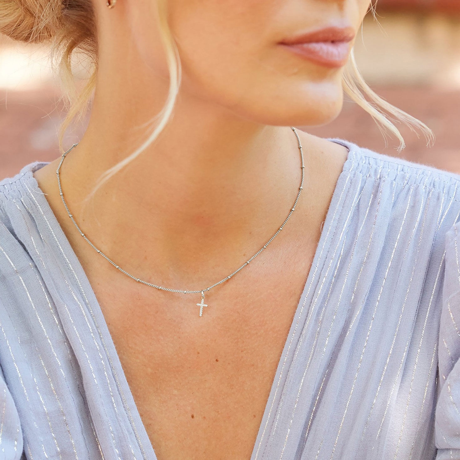 Josephine Cross Necklace Silver in use image number 3