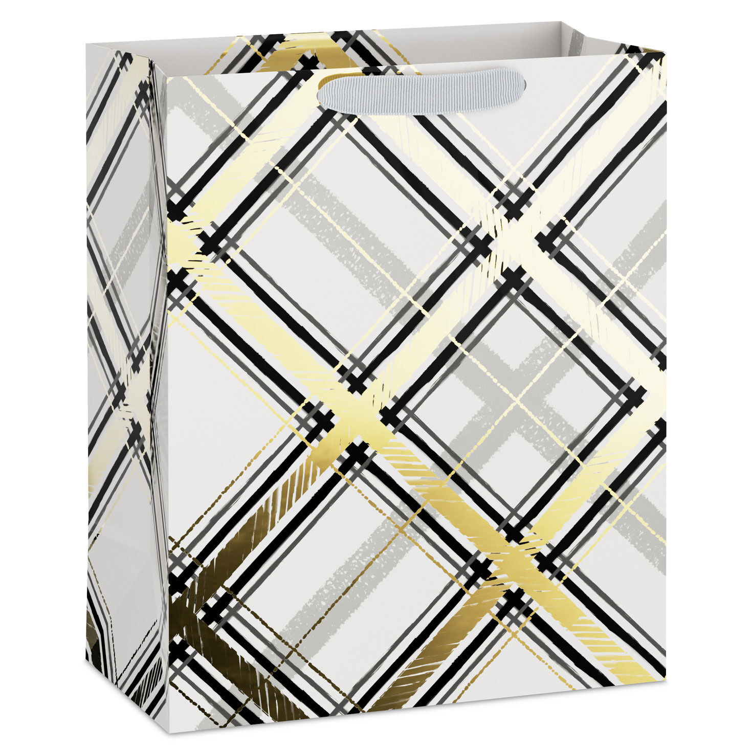 13" Black and Gold Plaid on White Large Holiday Gift Bag
