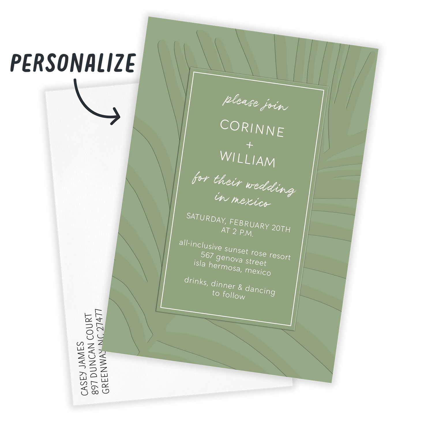 Green on Green Fern Personalized Wedding Invitation Card Front indicating personalization image number 2