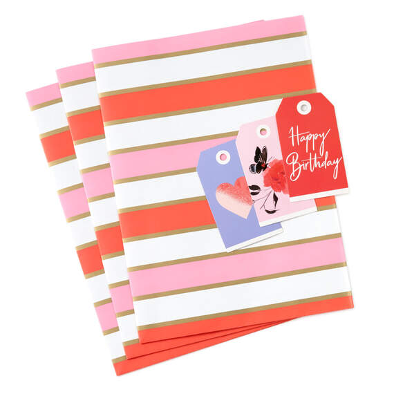 Pink, Coral and Gold Foil Stripes Flat Wrapping Paper With Gift Tags, 3 sheets