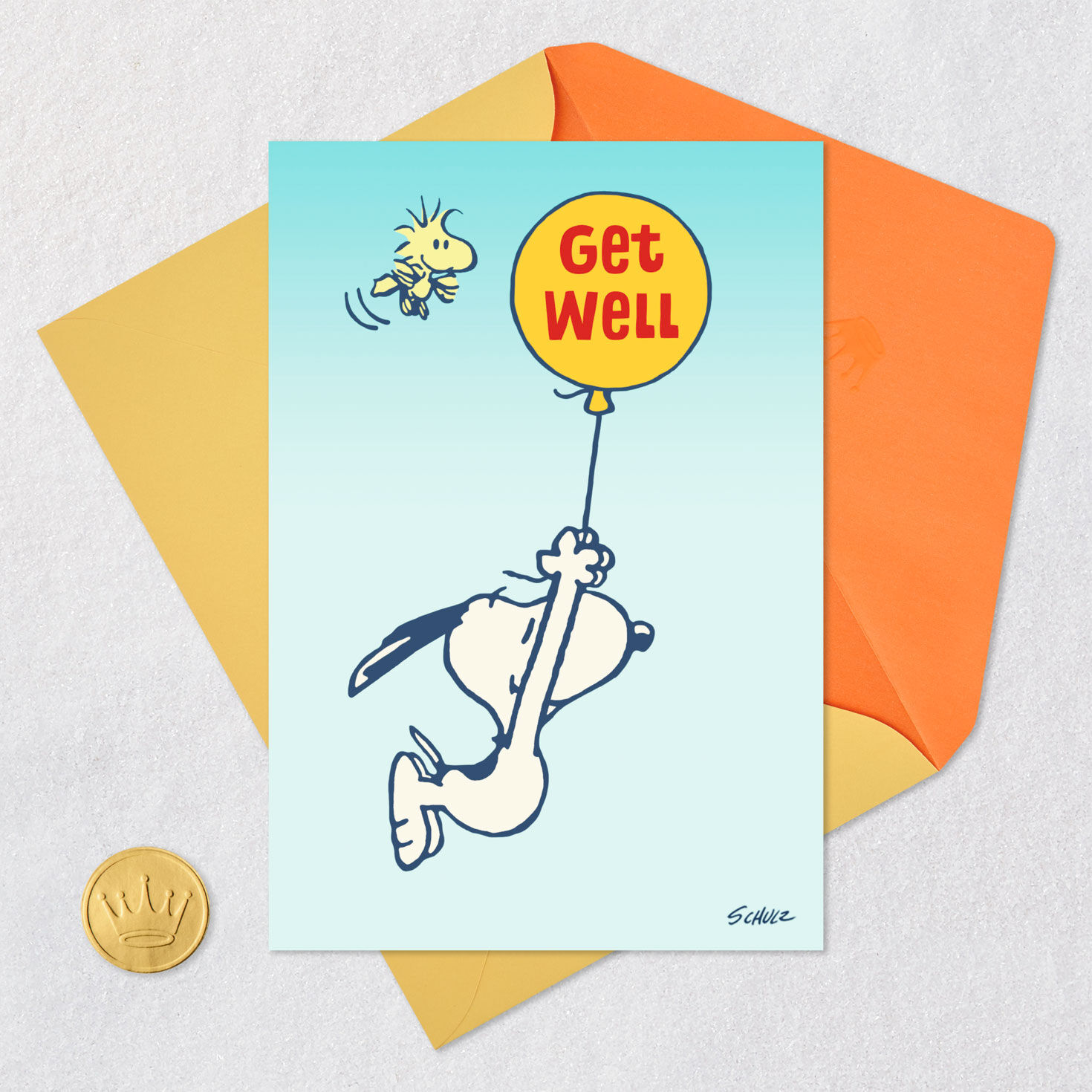 Woodstock and Snoopy With Balloon Get Well Card Card Front with Envelope and Gold Seal image number 5