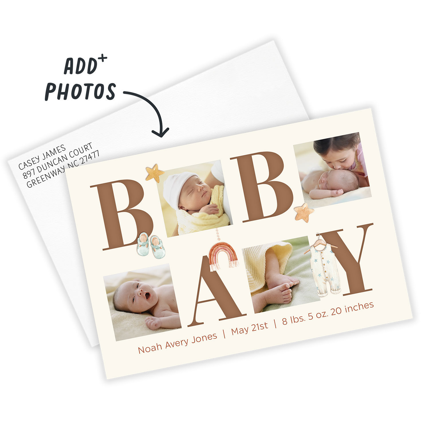 Baby and Icons Personalized Baby Announcement Card front with Envelope indicating personalization image number 2