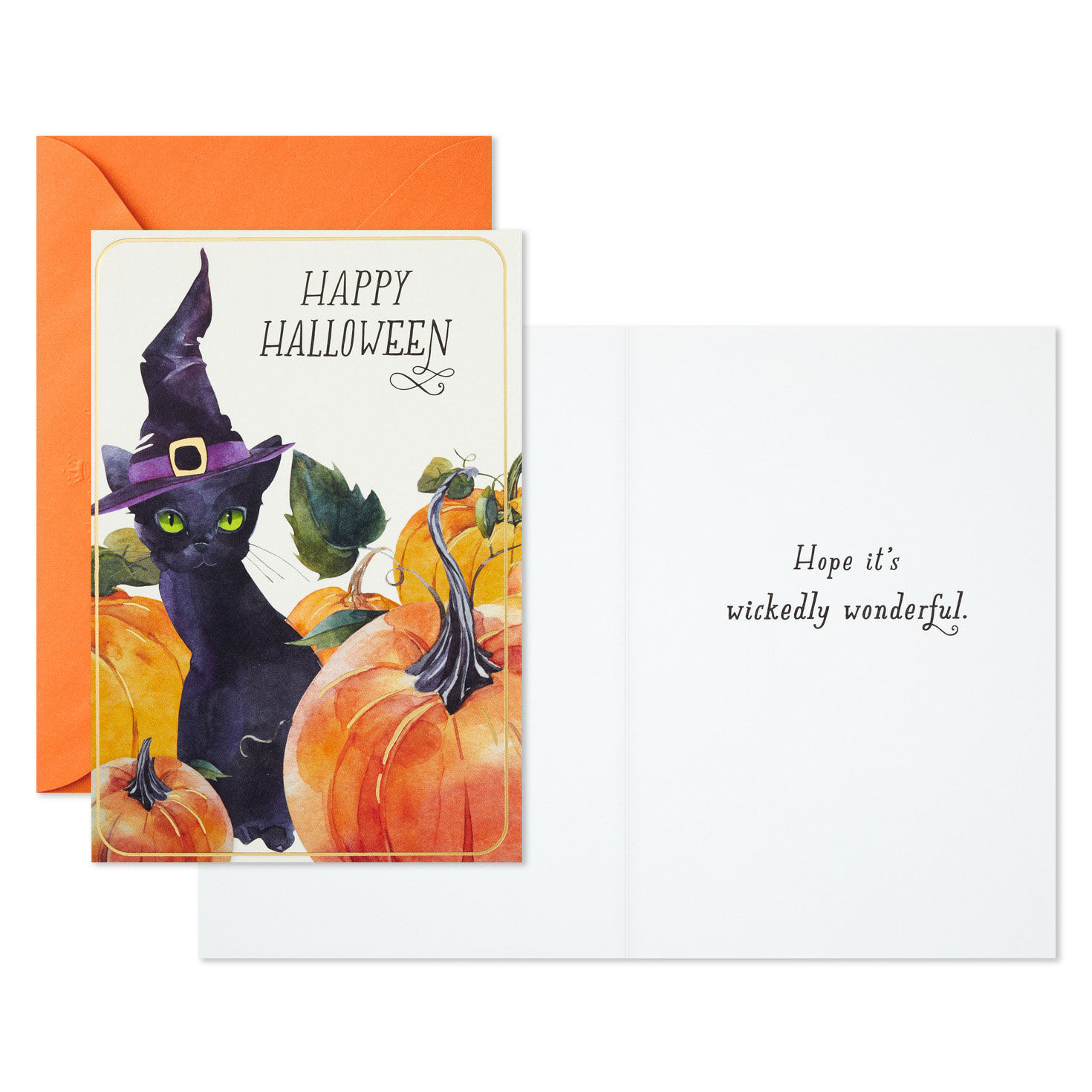 Black Cat in Witch Hat Halloween Cards Pack Card Front with Sentiment image number 2