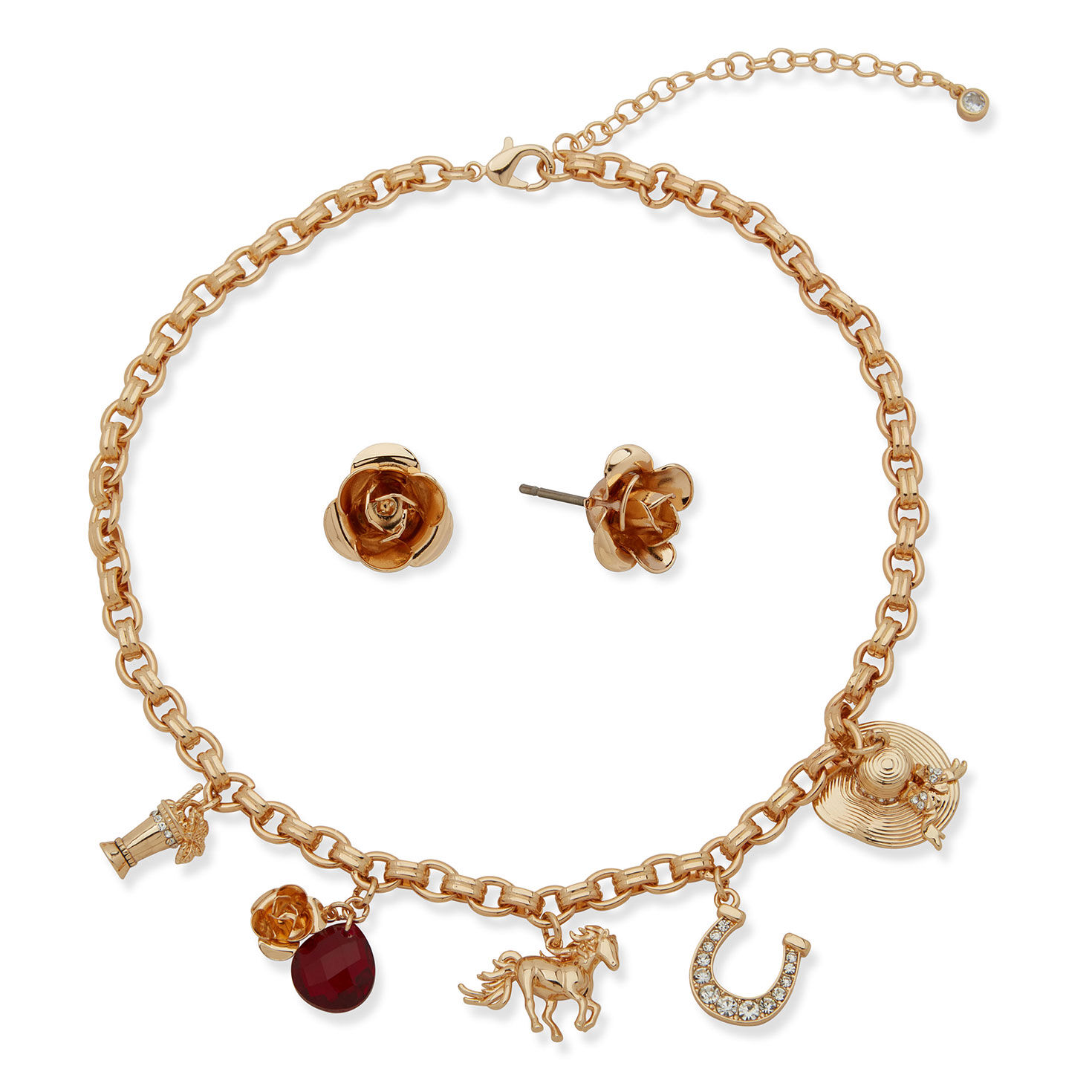 Kentucky Roses Gold Metal Charm Necklace and Rose Earrings Set