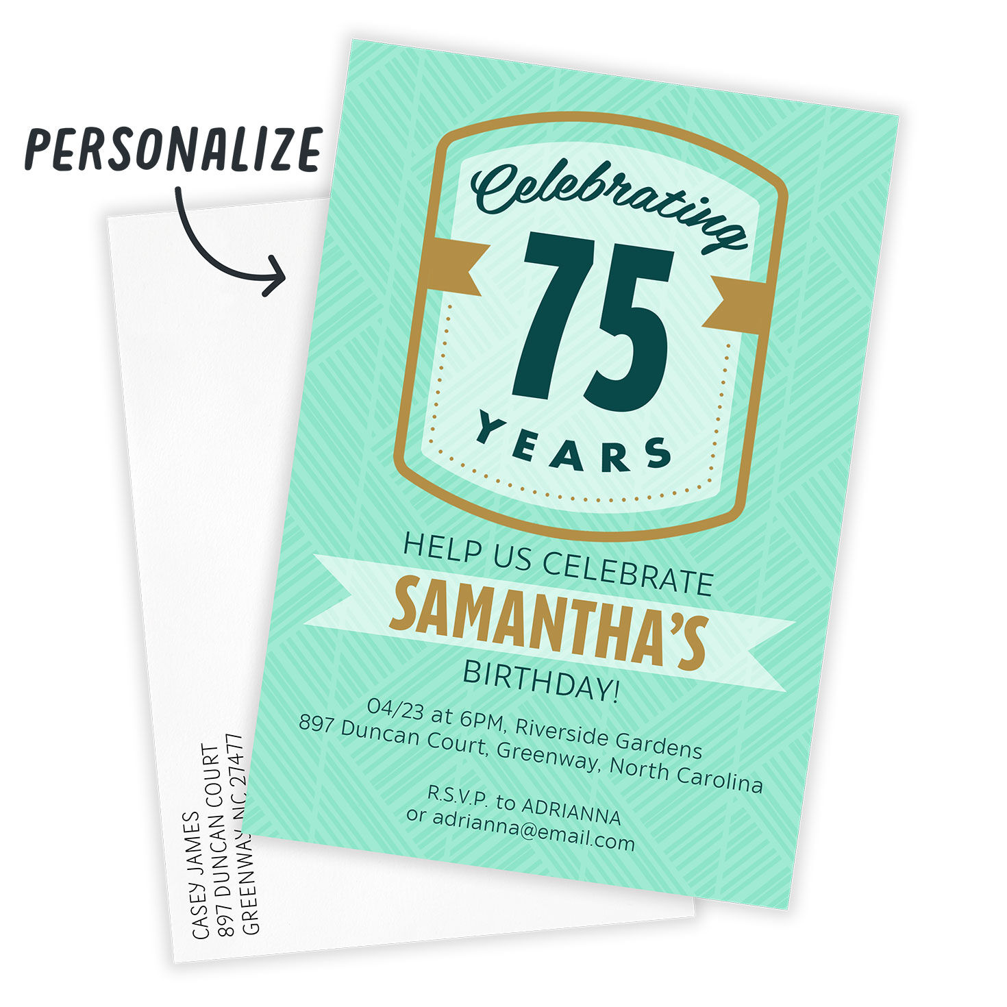 Gold Green Milestone Personalized Party Invitation Card Front indicating personalization image number 2
