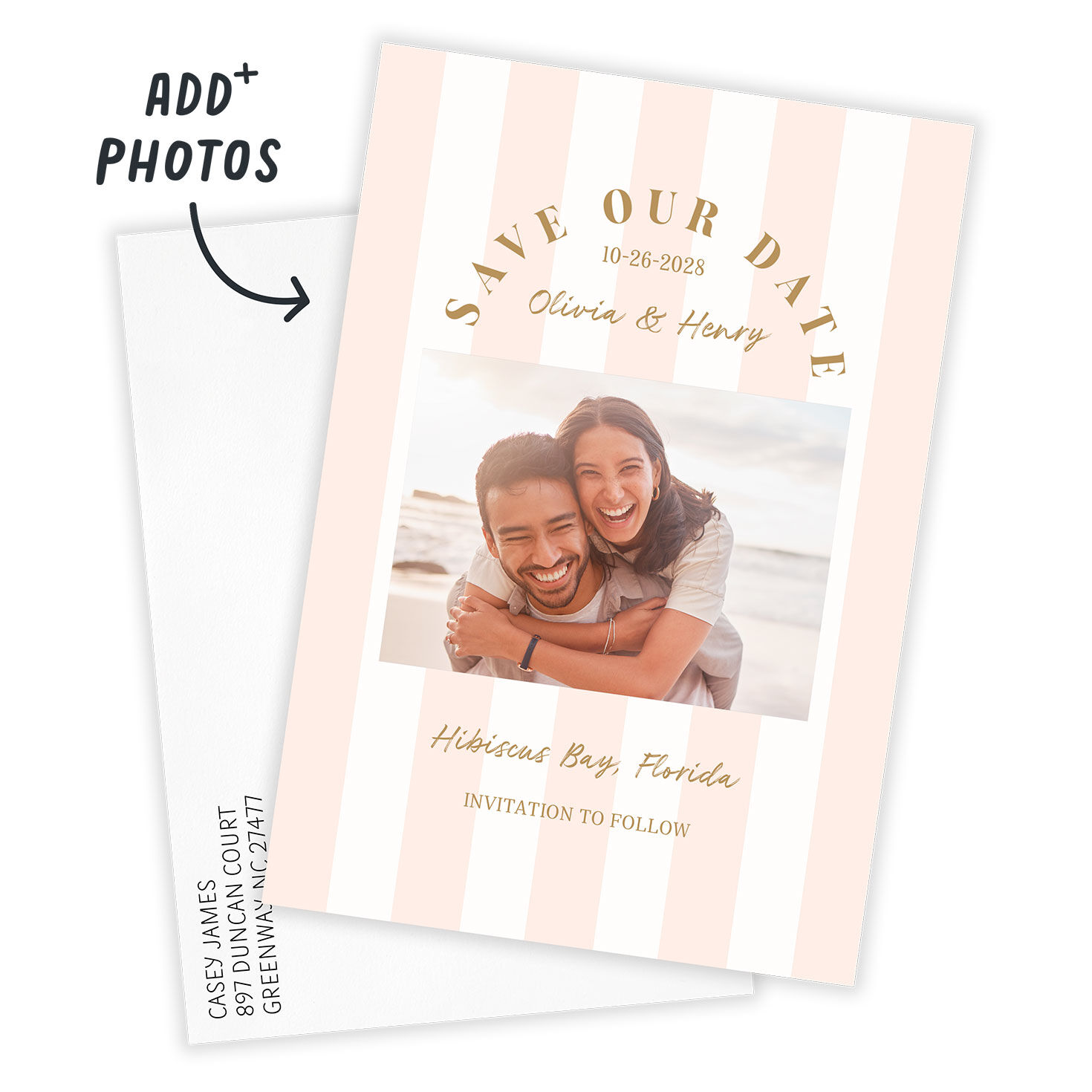 Pink White Stripes Personalized Save Our Date Card Card Front indicating personalization image number 2