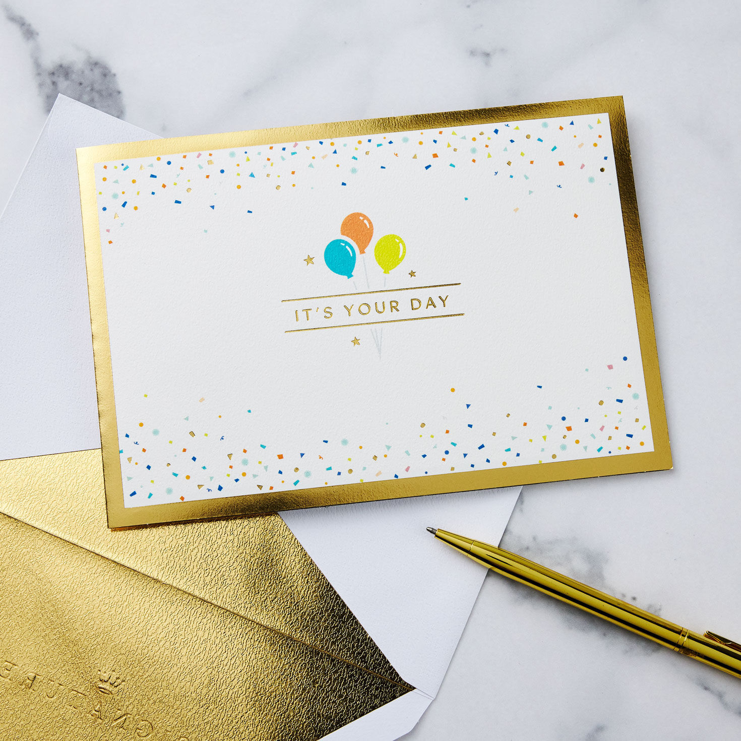 Gold Yay You Balloons Pop-Up Congratulations Card Card Front with Envelope and Gold pen image number 5