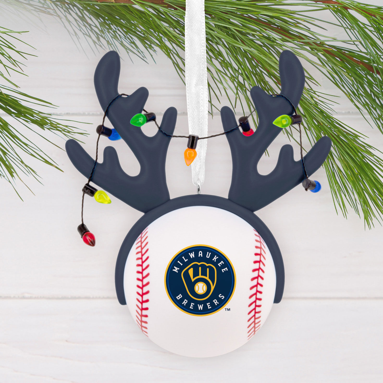 Brewers Reindeer Baseball Christmas Ornament hanging on tree image number 2