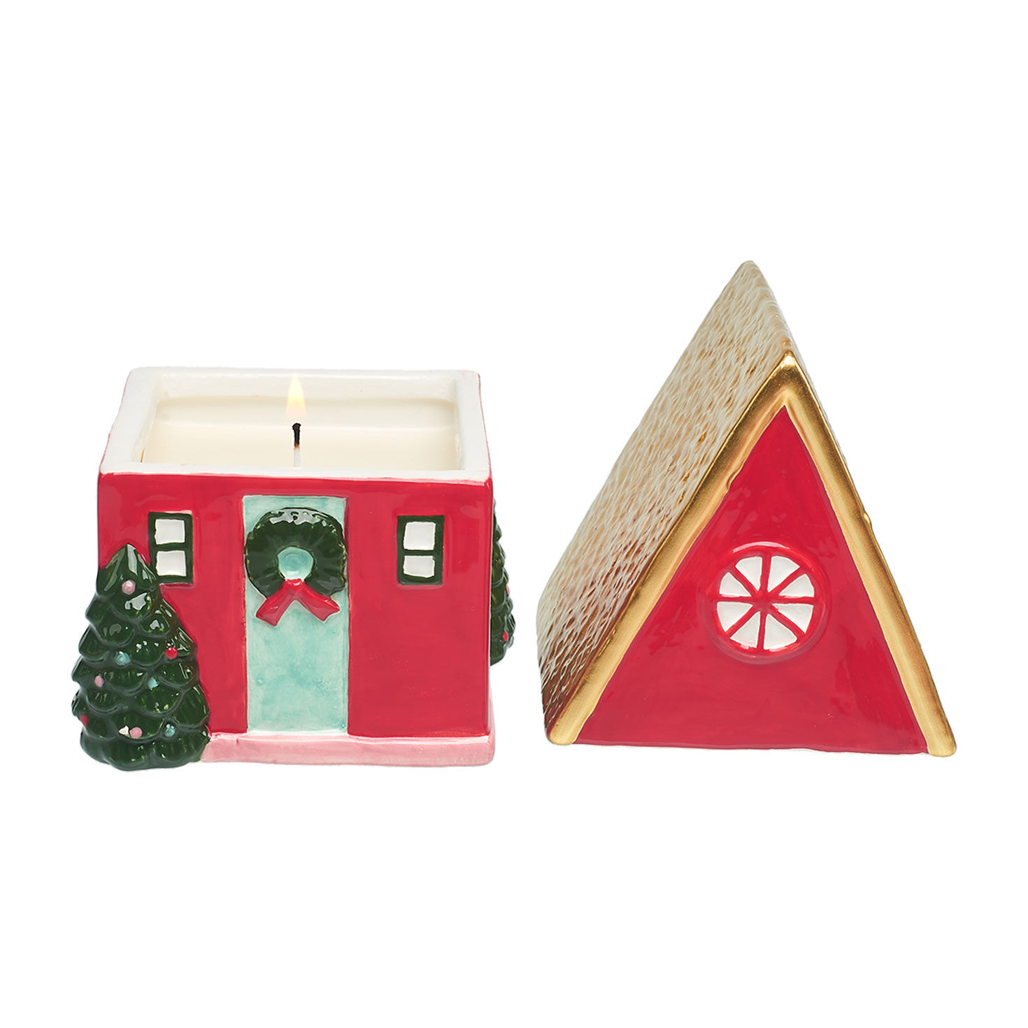 Vanilla Cinnamon Ceramic Red House Candle top off lit image number 2