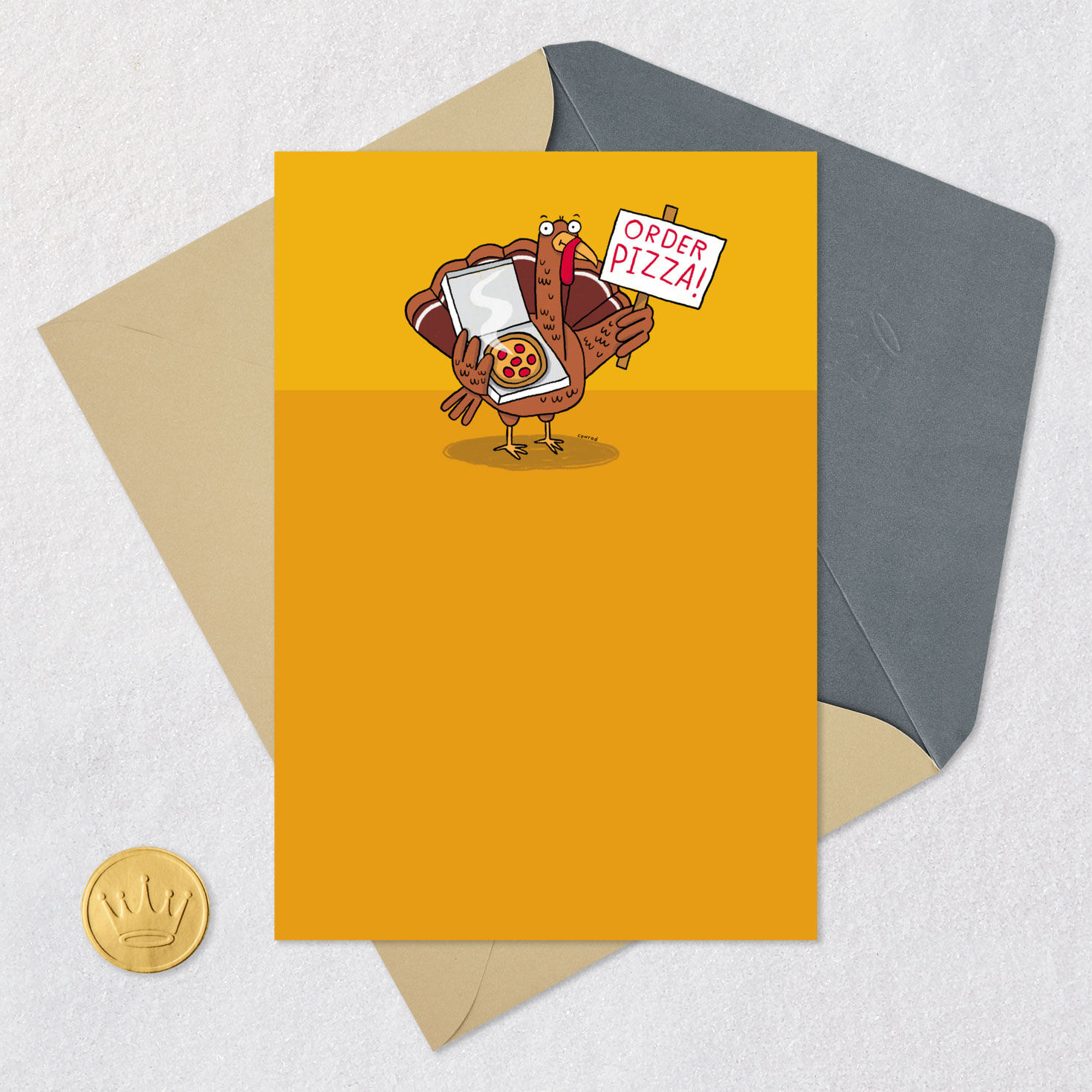 Turkey With Pizza and Sign Funny Thanksgiving Card Card Front with Envelope and Gold Seal image number 5