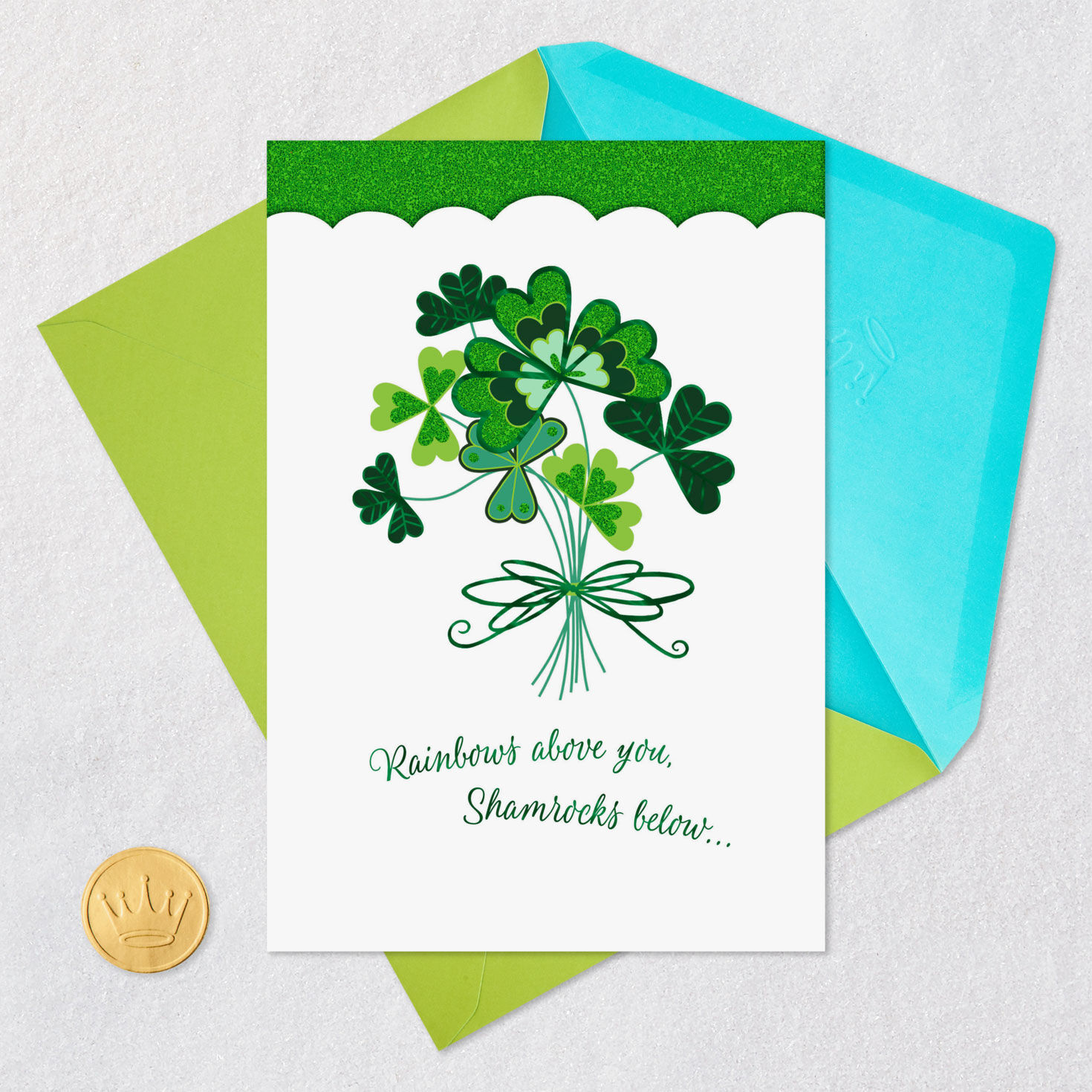 Sparkly Shamrock Bouquet St. Patrick's Day Card Card Front with Envelope and Gold Seal image number 5