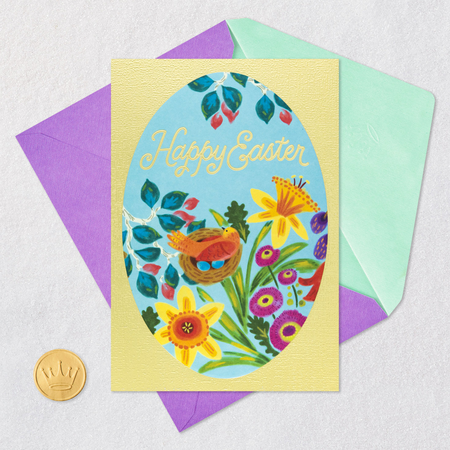 Bird and Spring Flowers Egg-Shaped Easter Card Card Front with Envelope and Gold Seal image number 5