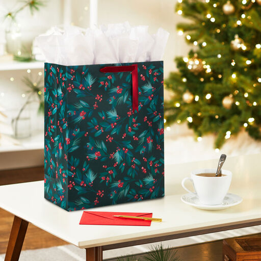 15.5" Greenery and Berries on Black Extra-Large Christmas Gift Bag, 