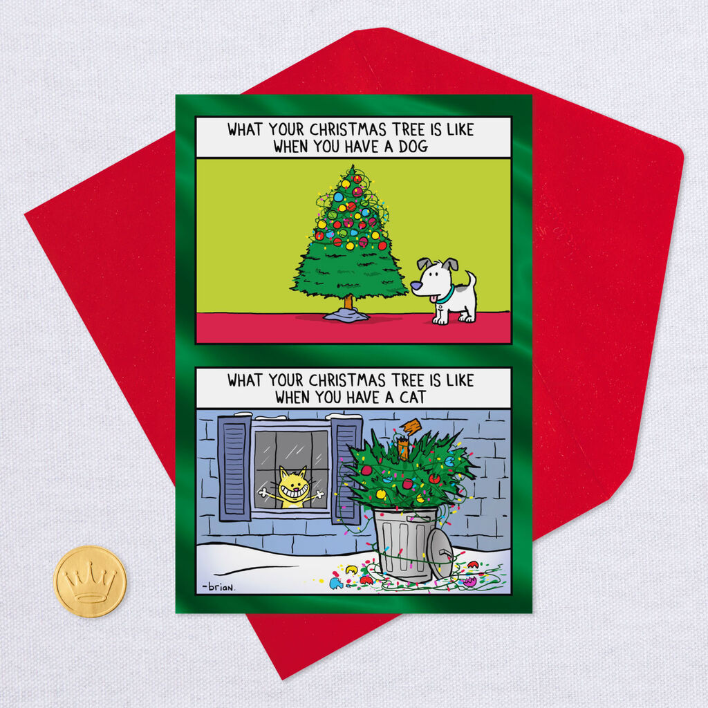 Tree Trimming Cat Versus Dog Funny Christmas Card Greeting