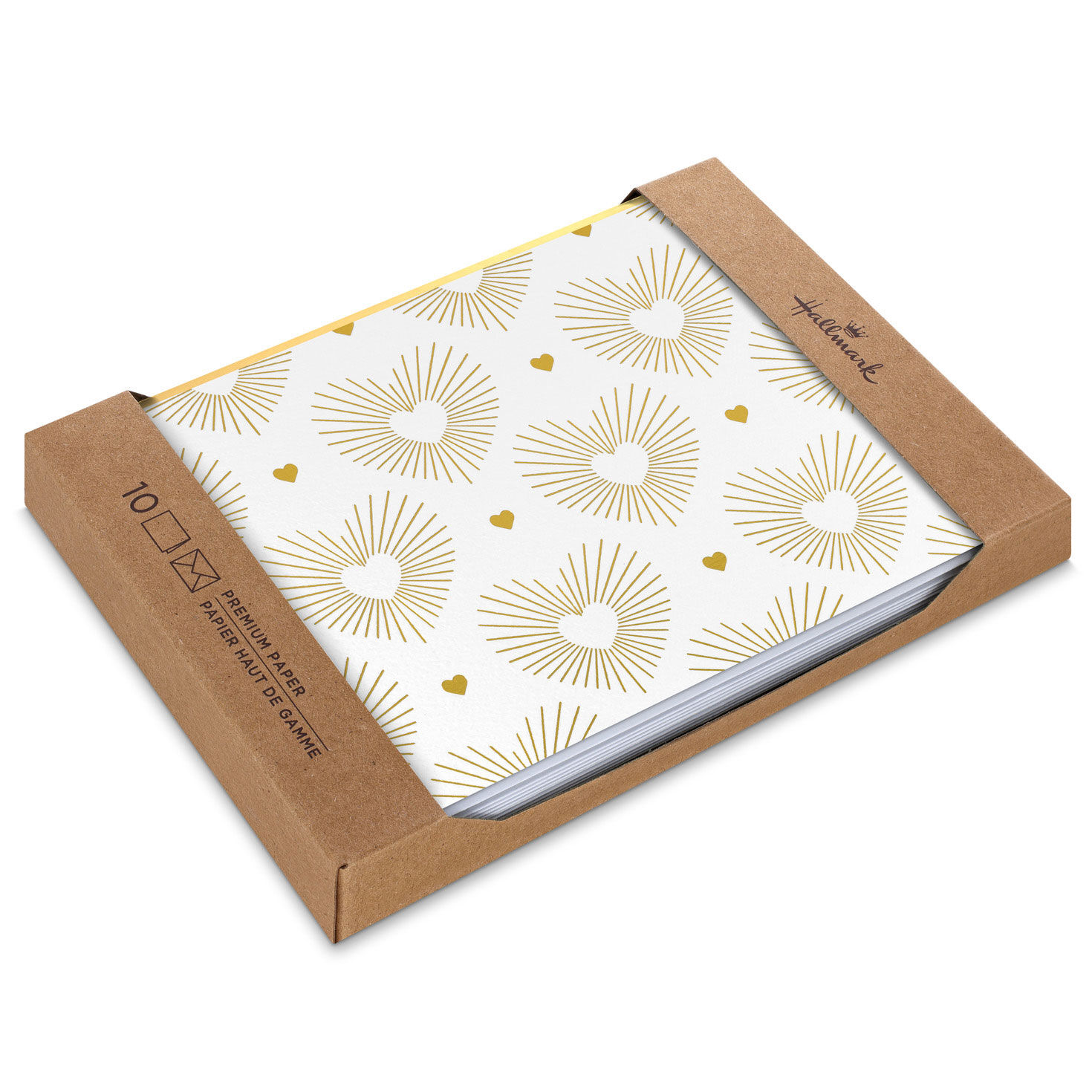 Gold Hearts on White Blank Notes, Pack of 10