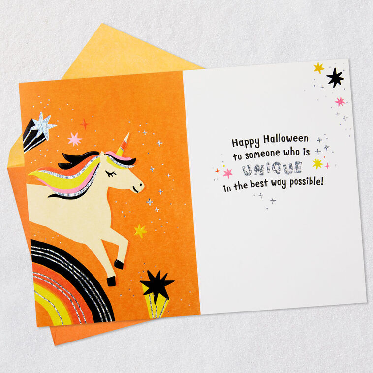 Pink, Orange and Black Unicorn Halloween Card Open card with envelope image number 3