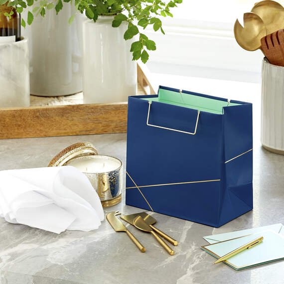 Navy With Gold Medium Square Gift Bag, 7.7", , large image number 2