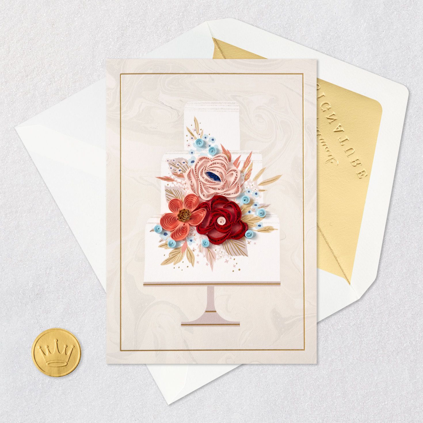 Quilled Flowers Wedding Cake Card Card Front with Envelope and Gold Seal image number 6