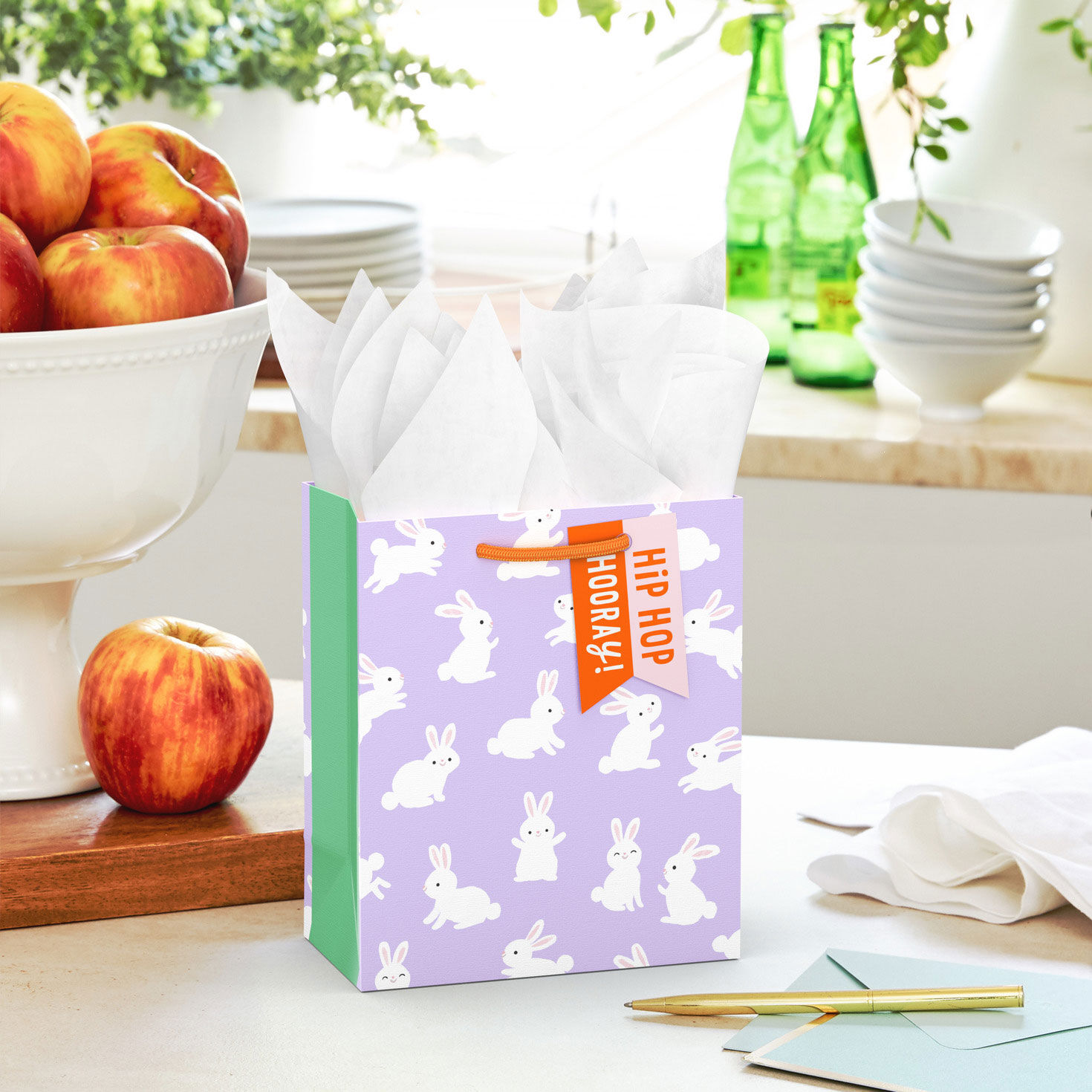 White Bunnies on Lavender Small Gift Bag in use image number 2