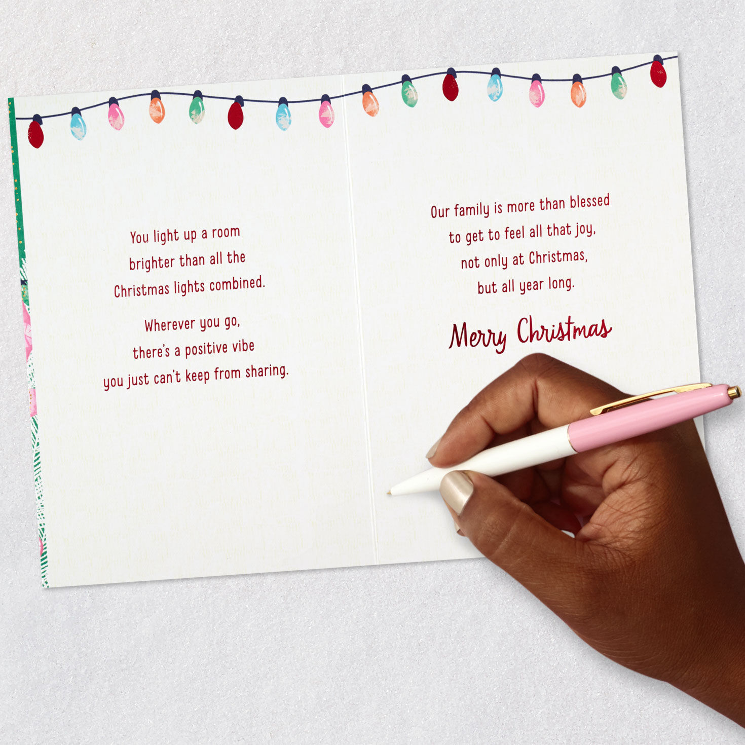 Girl Decorating Tree With Lights Christmas Card Signing card image number 7