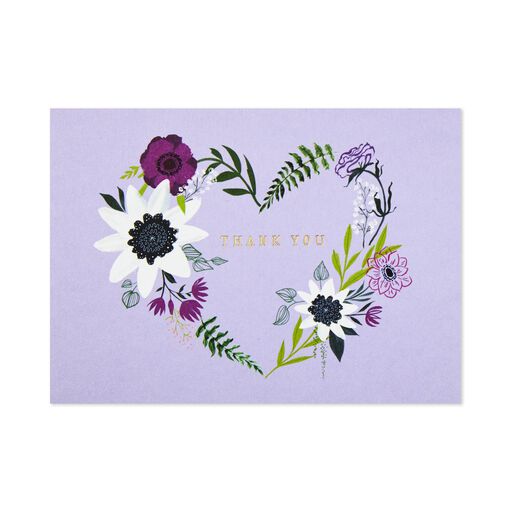 Floral Heart Wreath on Lavender Blank Thank You Notes, Pack of 10, 