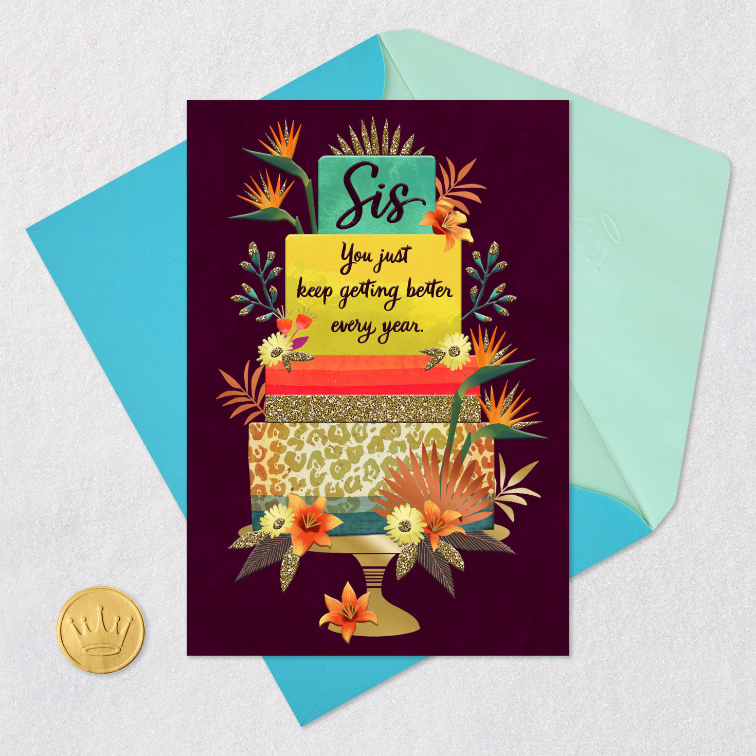 Sparkly Floral Cake Sister Birthday Card Card Front with Envelope and Gold Seal image number 6