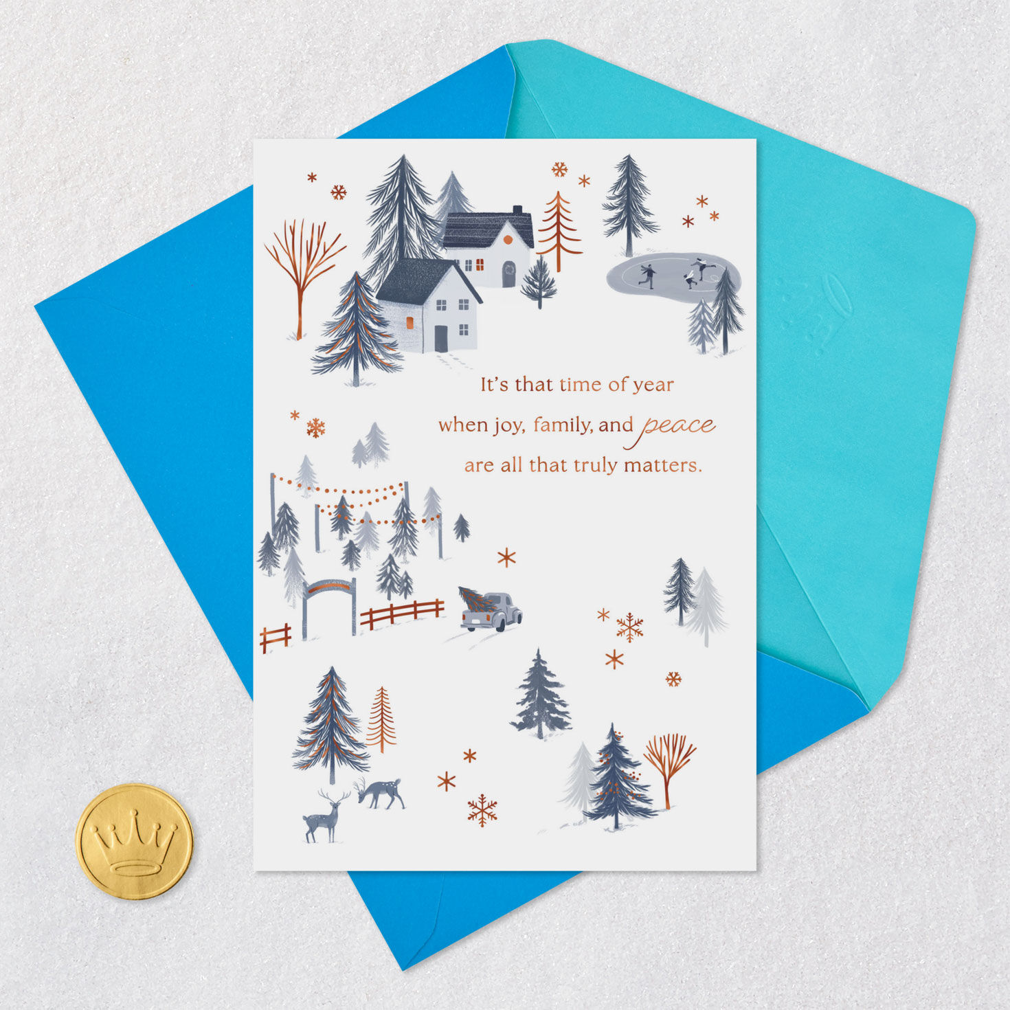 Blue and Bronze Winter Village Scene Christmas Card Card Front with Envelope and Gold Seal image number 5