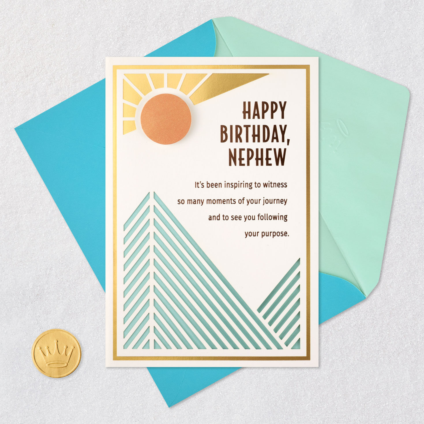 Abstract Mountains and Sun Nephew Birthday Card Card Front with Envelope and Gold Seal image number 7