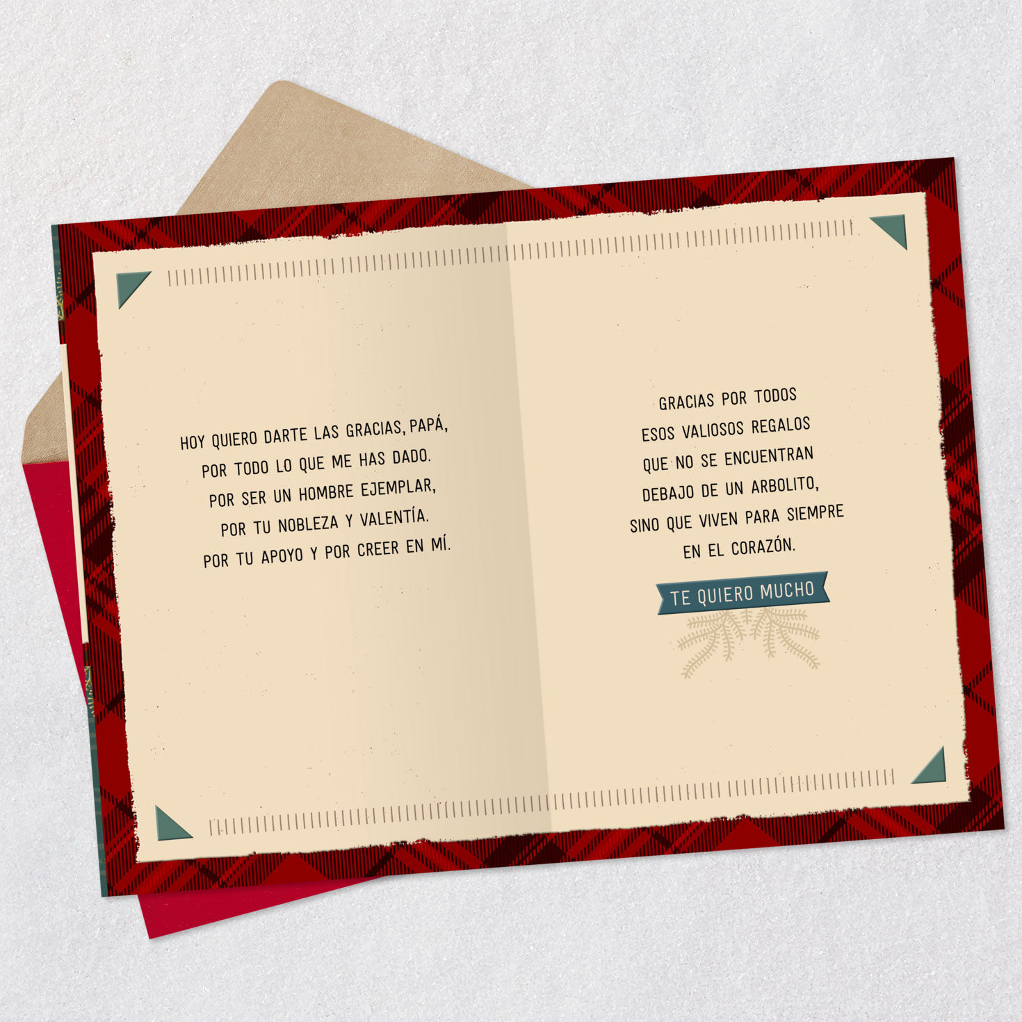 Plaid Evergreen Patterns Spanish Christmas Card for Dad Open card with envelope image number 4