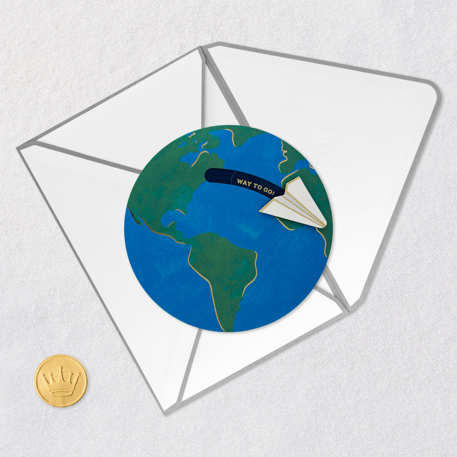 Paper Airplane on Globe Graduation Card Card Front with Envelope and Gold Seal image number 5