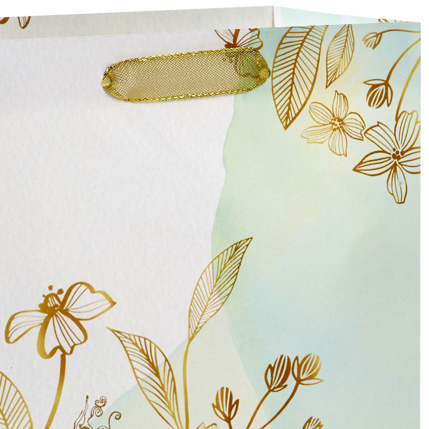 Gold Floral on Green Watercolor Medium Gift Bag Handle Detail image number 4