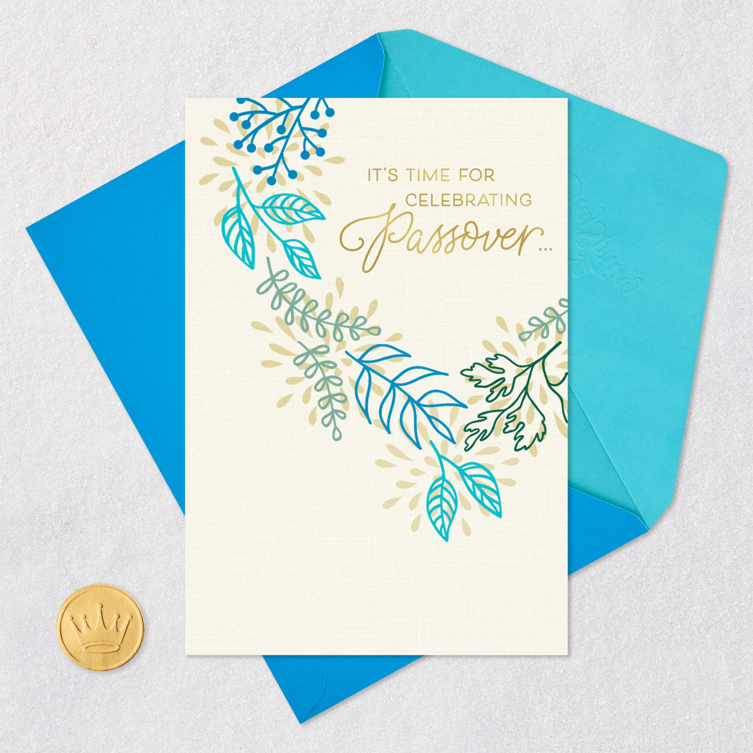 Blue, Green and Gold Leaves Passover Card Card Front with Envelope and Gold Seal image number 5