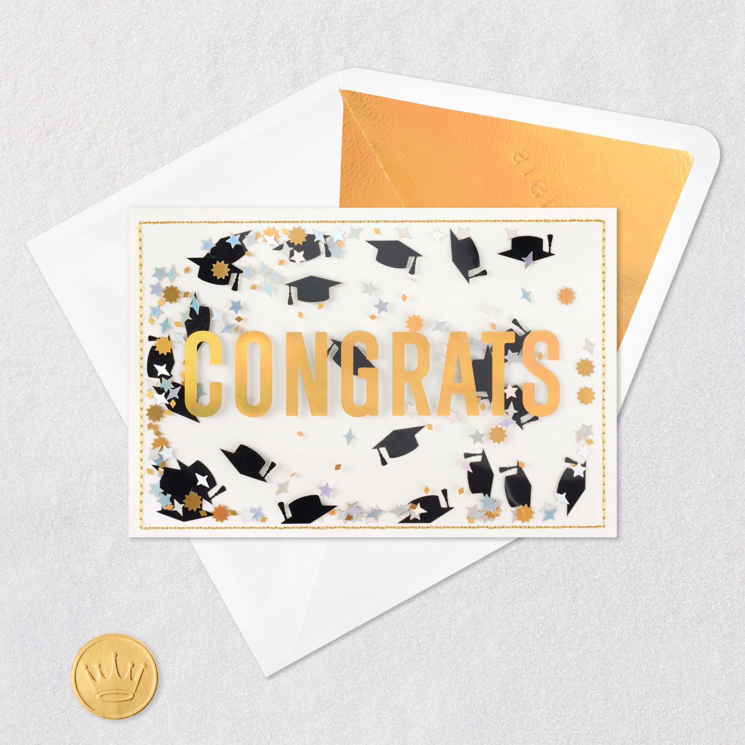 Mortarboard Caps Confetti Shaker Graduation Card Card Front with Envelope and Gold Seal image number 5