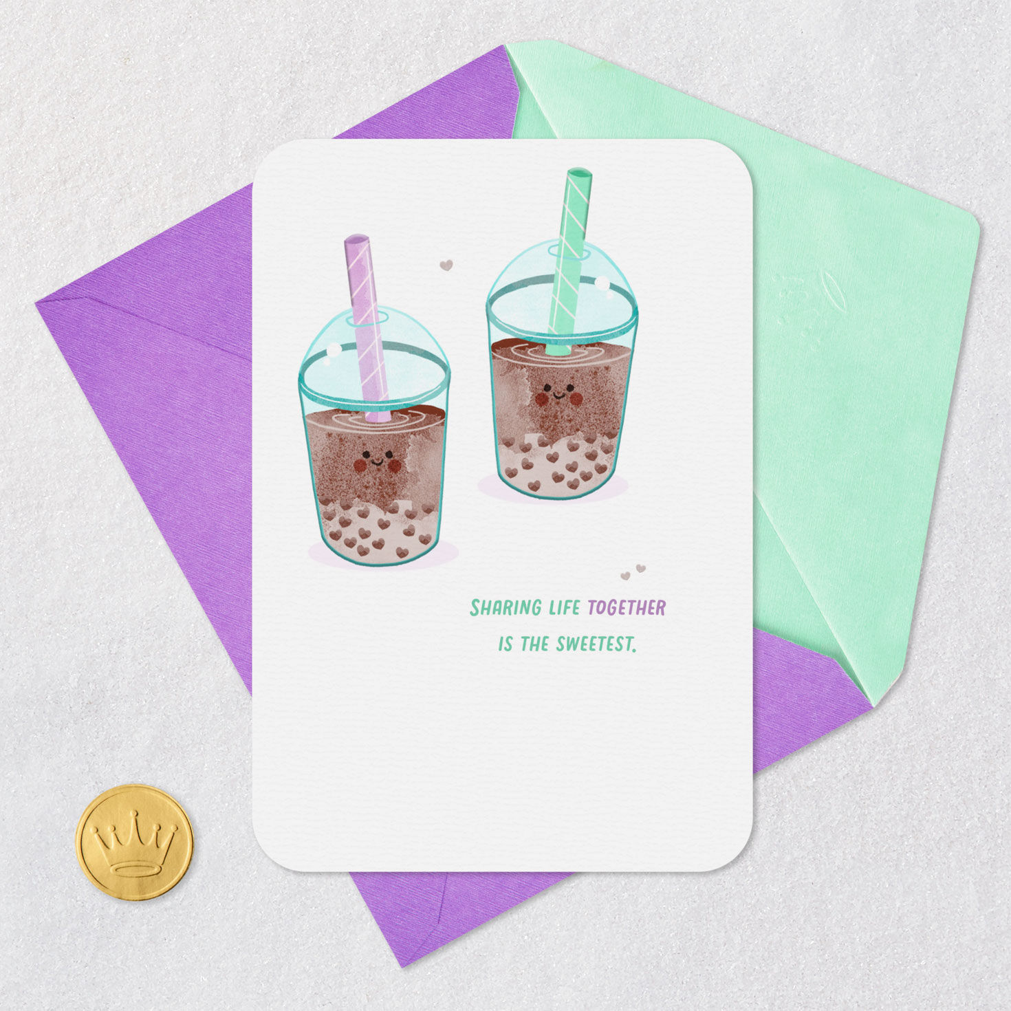 Bubble Tea Anniversary Card for Couple Card Front with Envelope and Gold Seal image number 5