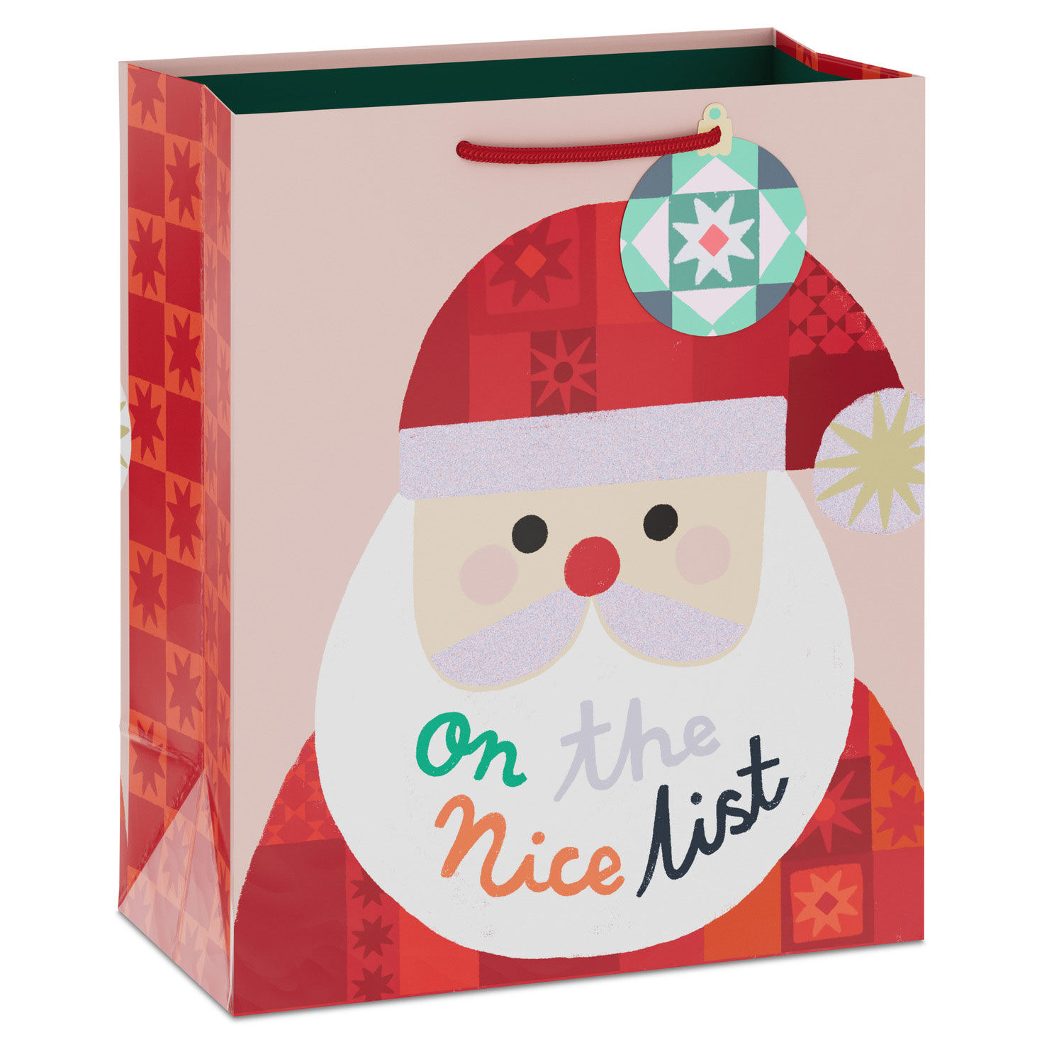 9.6" Glittery Quilted Santa Medium Christmas Gift Bag With Gift Tag