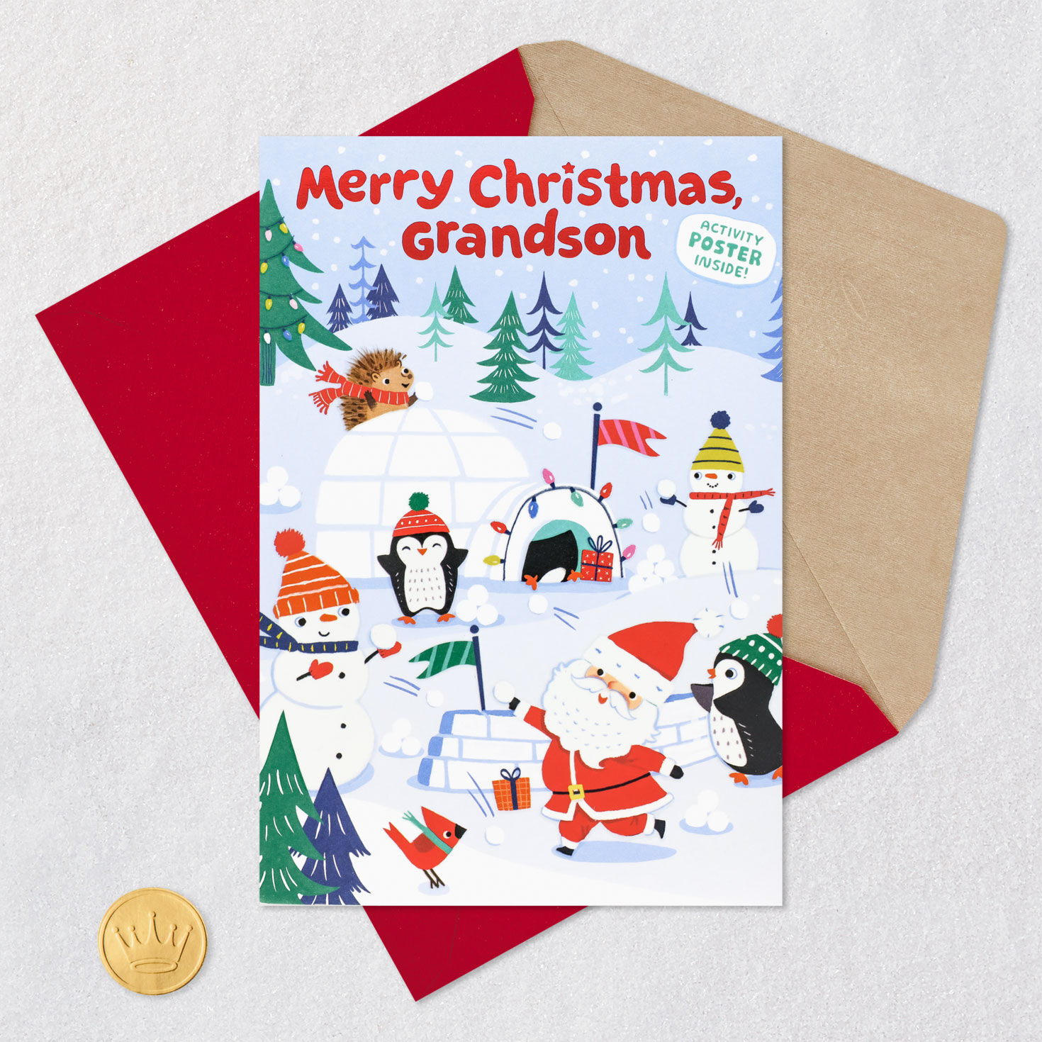 Snowy Winter Scene Christmas Card for Grandson Card Front with Envelope and Gold Seal image number 9