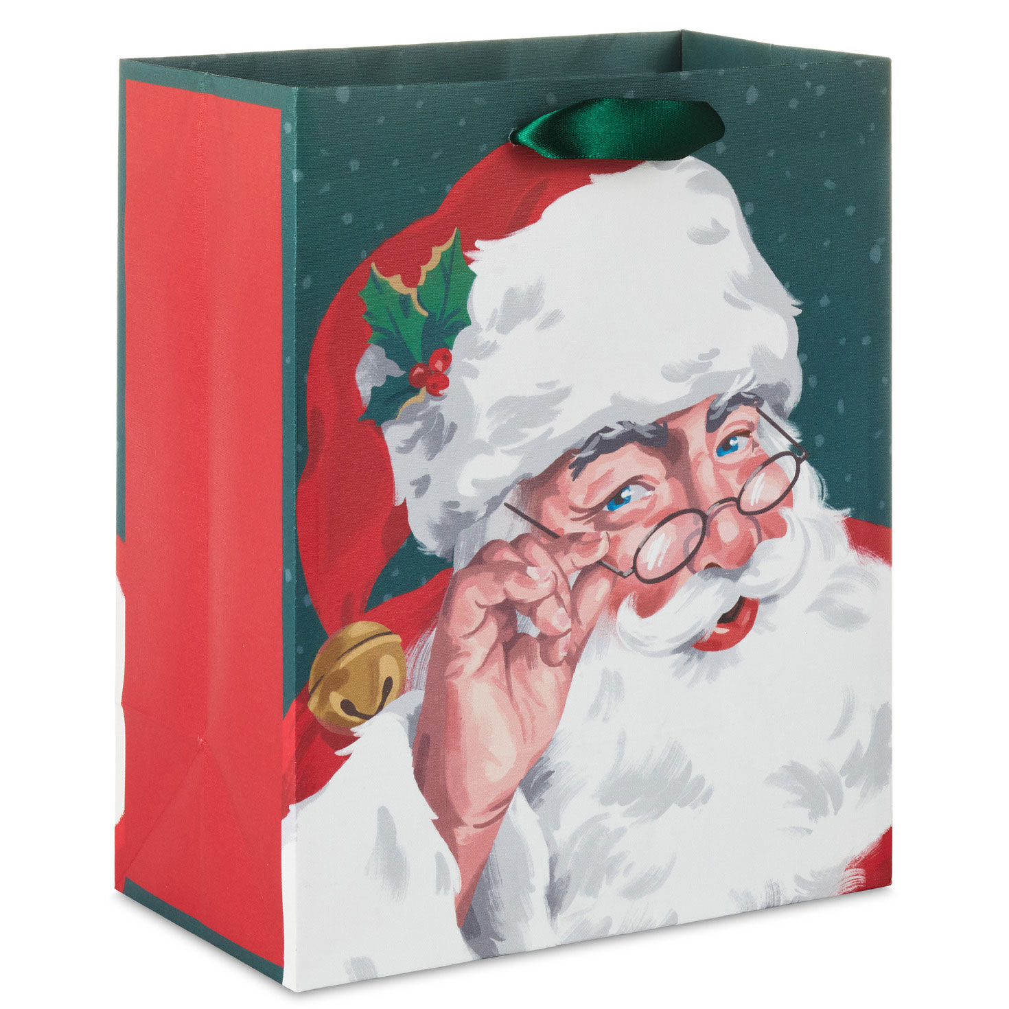 9.6" Santa Illustration on Green Medium Christmas Gift Bag