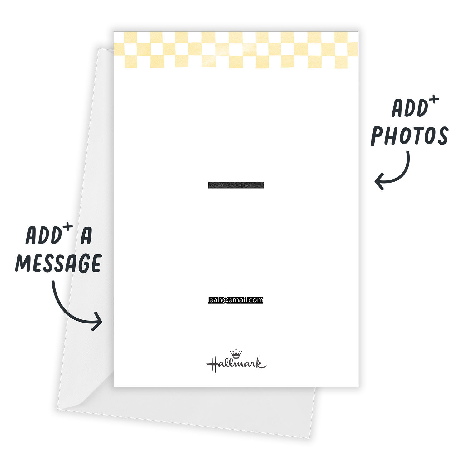 Yellow Checkered Personalized Shower Invitation Card back with Envelope indicating personalization image number 3