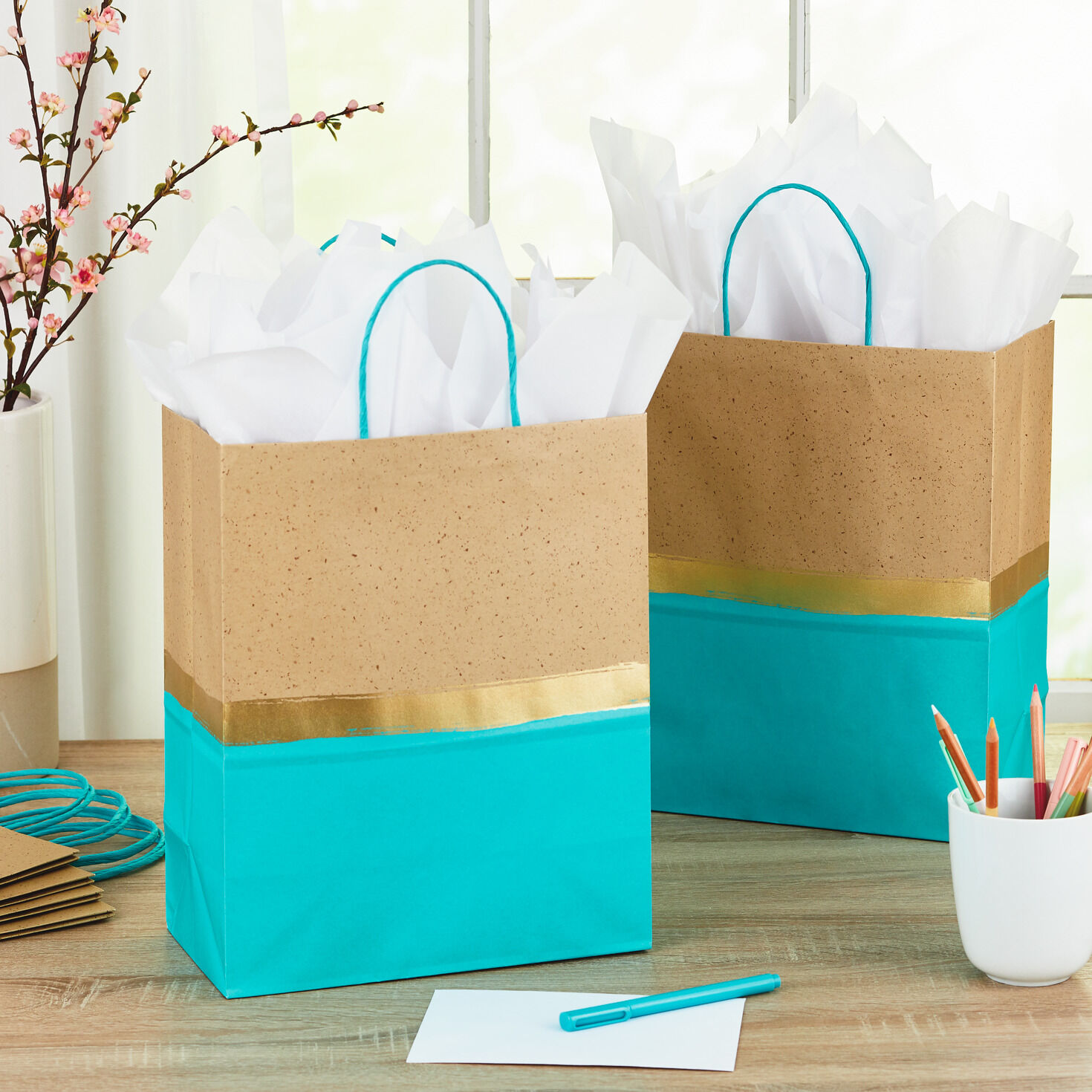 13" Turquoise and Kraft Paper 6-Pack Gift Bags, , large image number 2