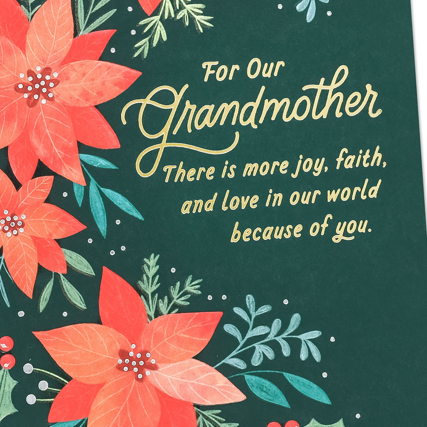 Pink Poinsettias on Emerald Green Christmas Card for Grandma Card Front Detail image number 5